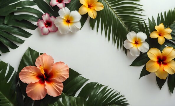 Fototapeta Colorful tropical hawaiian hibiscus blooms frame and leafy greens, monstera, palm leaves, beautifully contrast with a white backdrop, frangipani exotic flowers, copy space, foliage horizontal banner
