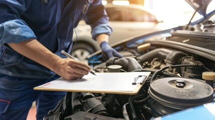 Car mechanic checking engine with clipboard, illustrating auto repair services.
