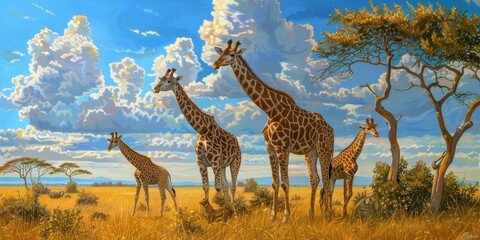 Fototapeta premium A family of giraffes grazing on the savannah, showcasing the beauty of African wildlife