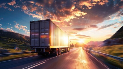 Cargo truck driving through picturesque landscape at sunset, dynamic motion