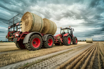Obraz premium Loading round hay bales in a tracktor. Farmer with a tractor loading a trailer with straw bales