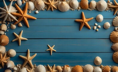 Plakat Top view composition of beach scene frame concept with sand on border, sea shells and starfish on a blue wooden background, coastal vibe or seaside theme, summer vacation design, copy space