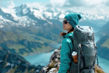 Female Athlete Mountaineering on the Edge of a Precipice A Breathtaking View of the Swiss Alps, Discover the Thrill of Mountain Climbing with Stunning Landscape Photography
