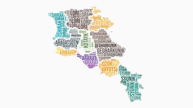 Armenia regions word cloud animation. Country logo animated video. Armenia colored text cloud. Regions typography style motion graphics. Vibrant video.