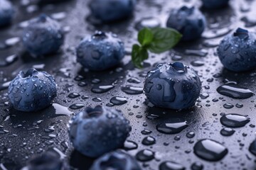 Close-up of juicy blueberries and basil leaf with dew, on a dark, wet background