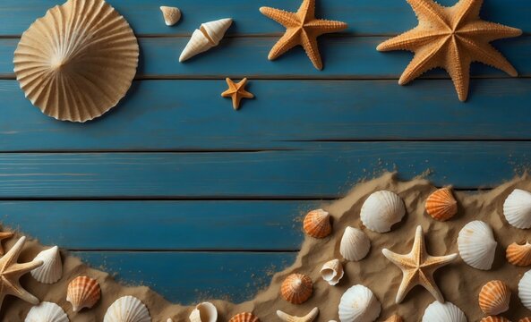 Frame of various seashells and starfish with golden sand texture on a blue rustic wooden table or planks background, composition top view of beach scene concept with sandy surface, marine still life