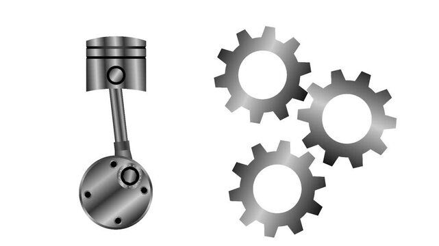 illustration of the movement of pistons and gears in an engine on a white background
