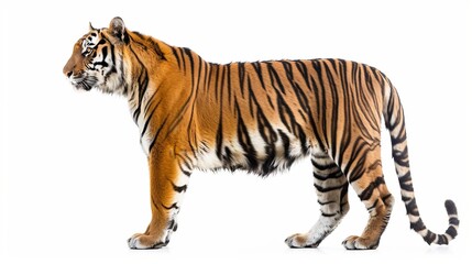 Obraz premium Profile view of a majestic tiger standing with its characteristic striped pattern vividly visible against a plain white backdrop, symbolizing strength, beauty, and wild nature.