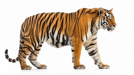 Fototapeta premium This image captures a tiger walking gracefully in profile with its striking stripes and muscular build evident against a plain white background, symbolizing power and natural elegance.