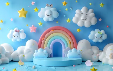 Baby product podium scene, 3D cloud background, cute kid display, blue children banner, toy design, rainbow stand, studio presentation, sale stage
