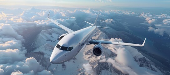 Fototapeta premium 3d render of white passenger airplane flying in the sky with clouds on background
