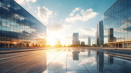 Fototapeta premium Modern office building or business center. High-rise window buildings made of glass reflect the clouds and the sunlight. empty street outside wall modernity civilization. growing up business