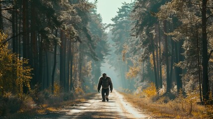 Obraz premium A Bigfoot-like figure seen walking down a sunlit forest path, bringing an element of folklore and mystery under the green canopy, ideal for fantasy and adventure themes.