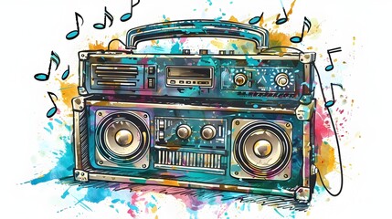Fototapeta premium Retro Boombox with Vibrant Music Notes for Sticker or Shirt Design