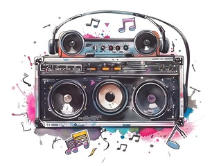 Fototapeta premium Retro Boombox with Vibrant Music Notes Suitable for Shirt Designs or Sticker Art