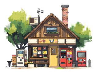 Fototapeta premium Retro Gaming Pixel Art Scene for Sticker Design Suitable for Shirt or Background