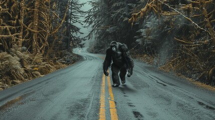 In a misty eerie scene, a Bigfoot-like creature strides down a winding road through spooky forest scenery, offering backdrop for suspenseful and mysterious narratives.