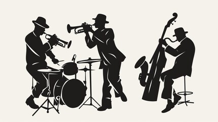 A trio of jazz musicians is shown in silhouette, with each member playing instruments such as the trumpet, double bass, and drums, embodying the spirit of jazz performances.