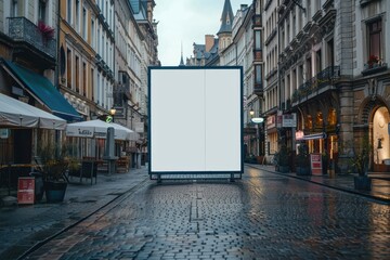 Naklejka premium A blank billboard in a European street, surrounded by historic buildings, ready for advertisement or promotional content.