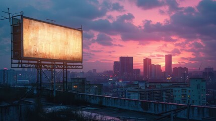 Obraz premium A sunset over a city skyline with a blank billboard glowing, ready for advertising, creating a dramatic urban scene.
