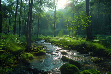Fototapeta premium Stream in green forest, ravine with water, result from change in landscape, water soil erosion. Nature landscape сhanges