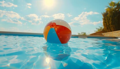 Obraz premium A colorful beach ball floating in the water of an outdoor swimming pool on a sunny summer day. A summer vacation concept in the style of real photo with copy space.