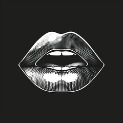 
A black and white halftone pattern of lips on an isolated background. The mouth is open with the upper lip curved upwards, creating an elegant expression.