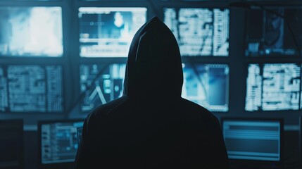 The silhouette of a hooded hacker is highlighted by various glowing computer screens, symbolizing the secrecy and anonymity associated with cyber activities and operations.