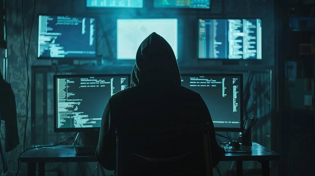 A hooded hacker is shown working in a dimly lit setting, surrounded by numerous computer monitors filled with complex code and data, indicating an active cyber operation.