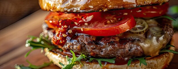 Delicious gourmet burger with fresh tomato, lettuce, and cheese, on a toasted bun. Perfect for foodies and burger lovers.
