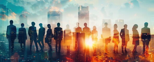 A group of business people standing in front of the city skyline