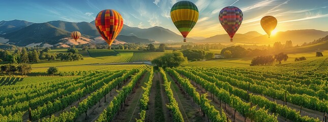 A group of colorful hot air balloons floating over the vineyards in Napa Valley, California at sunrise