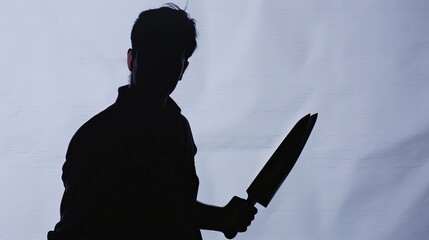 A sinister, dark silhouette of a person grips a knife menacingly in front of a backdrop with a blue hue, creating a chilling scene filled with suspense and danger.
