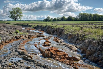 Ravine with water flowing on ground. Water and wind soil erosion formed ravine on ground, with stones and green grass, green trees in distance under blue sky. Concept of landscape changes