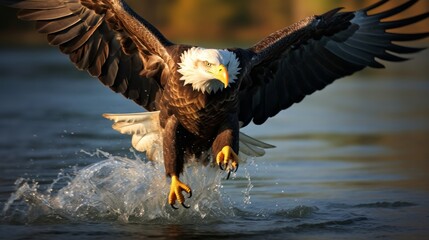 Eagle in mid-flight, skimming the water with its talons outstretched, capturing a fish