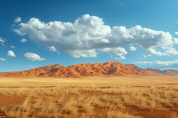 Fototapeta premium Desert hot sandy lands, erosive cracked soil with wind erosion, orange, yellow sand, dry grass, rocky desert mountains under blue sky with white clouds. Concept of landscape changes, desertification