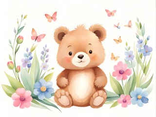 Obraz premium Adorable watercolor illustration of a teddy bear surrounded by colorful spring flowers and butterflies, creating a whimsical and joyful scene.