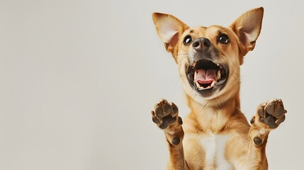 Funny and smiling small brown dog with paws raised looking up on a white background, with copy space