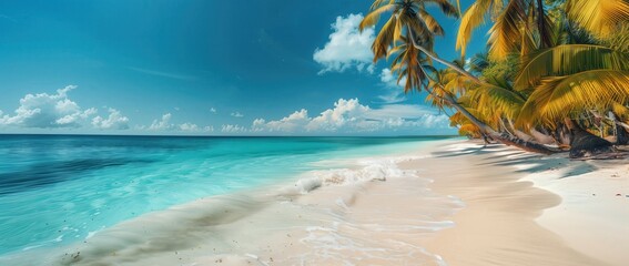 A panoramic view of a beautiful tropical beach with palm trees and turquoise water on the island