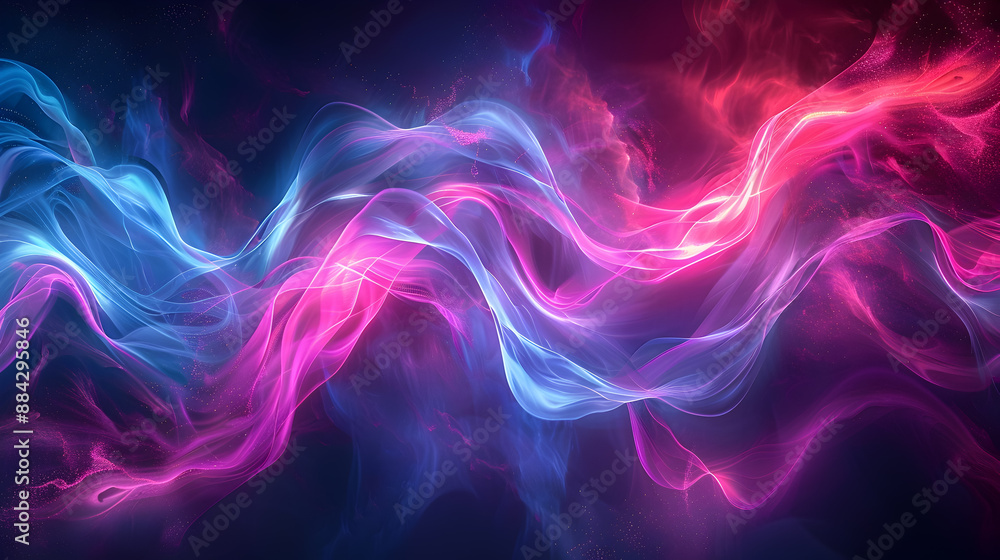 Poster captivating visual spectacle of luminescent neon light strands in bold blue and pink tones flowing t