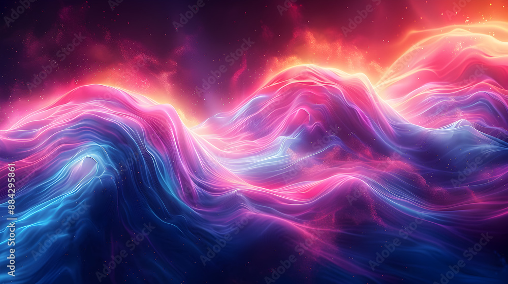 Aufkleber luminous neon light strands in bold blue and pink tones flow through a dark moody backdrop creating 