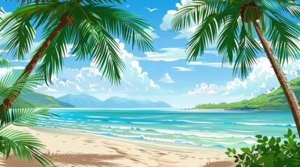 Obraz premium Summer resort beach scene with palm trees, ideal for travel and vacation promotions.