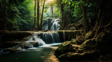 Enchanting waterfall flowing through Thailand's deep, lush forest