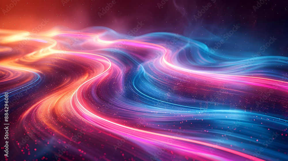 Poster luminescent neon light strands in bold blue and pink tones flowing through a dark moody backdrop cre