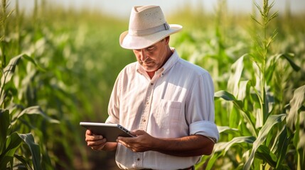 Farmer inputting data on a digital tablet in a cornfield