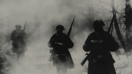 Three soldiers are walking through smoke during world war i