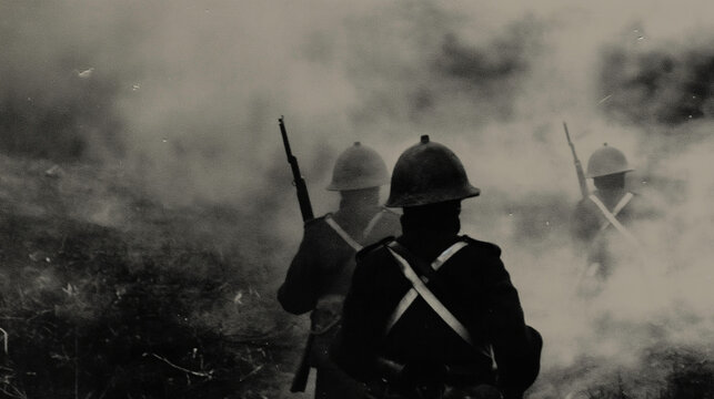 French soldiers wearing adrian helmets are advancing in world war one battlefield