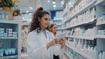 Female pharmacist helping customer with prescription in a bright and organized pharmacy