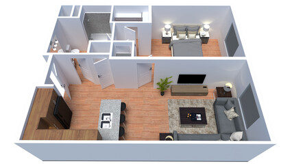 3d floor plan rendering for One bedroom ,kitchen, living , and Bathroom. 	