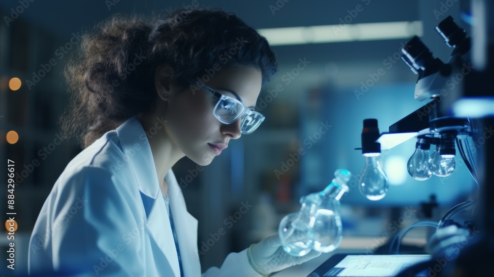Poster female scientist in glasses reviewing brain research data in laboratory setting copy space neutral l